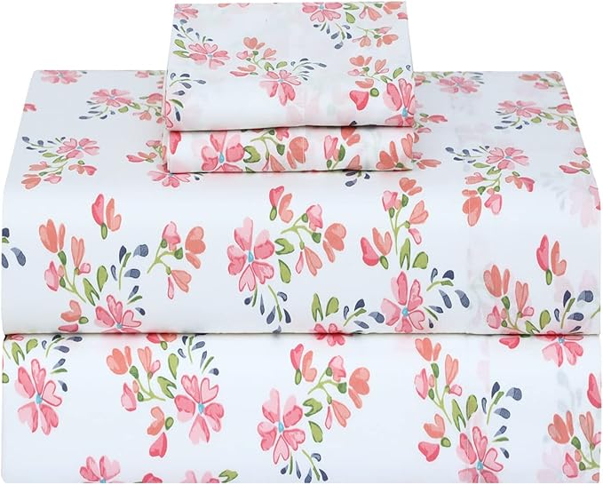 RUVANTI 100% Cotton Sheets – Full Size Percale Bedding, Cooling & Breathable Floral Design, Durable with a Crisp, Soft & Comfortable Feel, 16" Deep Pocket, 4-Piece Set, Bloomex