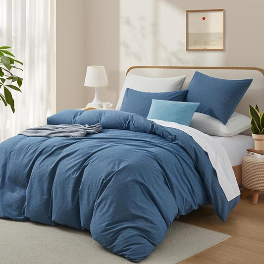 LOVQUE 100% Washed Cotton Duvet Cover Queen Size, Denim Blue Fade-Resistant Natural Bedding Set (No Comforter), 90x90 Inches