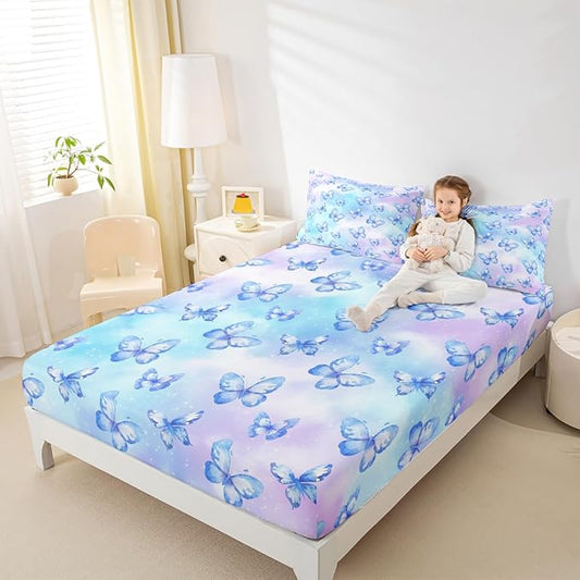 Erosebridal Pink Blue Butterfly Sheets for Boys Girls Watercolor 3D Printed Fitted Sheet,Purple Colorful Rainbow Kids Bedding Sets Fantasy Dreamy Princess Bed Sets Queen 3 Piece