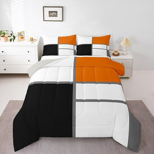Erosebridal Geometric Abstract King Bedding Set Blue and White Striped Comforter Set for Adult Women Men Square Grid Bed Collections Modern Art Patchwork Duvet Quilt Sets for Minimalist