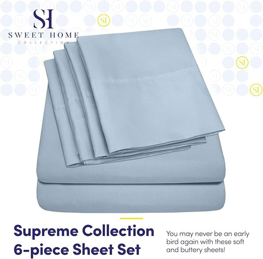 Full Size Bed Sheets - 6 Piece 1500 Supreme Collection Fine Brushed Microfiber Deep Pocket Full Sheet Set Bedding - 2 Extra Pillow Cases, Great Value, Full, Misty Blue