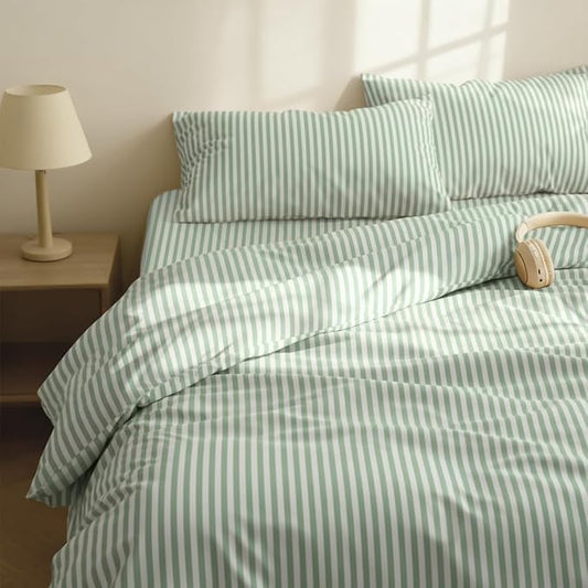 Striped Comforter Set Queen Size Green White Wide Stripes Pattern Bedding Set for All Season Soft Fluffy Down Alternative Comforter 3 Pieces, 100% Microfiber, 2 Pillowcases