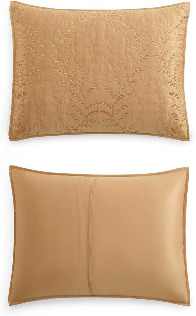 Martha Stewart - King Size Quilt Set, Soft & Smooth Sateen Bedding with a Light and Breathable Feel, 3 Piece Bed Set with Matching Pillowcases (Fern Embroidery Beige)
