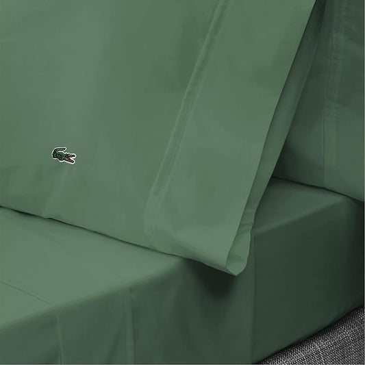 Lacoste 100% Cotton Percale 3-Piece Sheet Set – Cool, Crisp, Matte, and Durable, Oeko-Tex Certified – Solid, Green, Twin XL