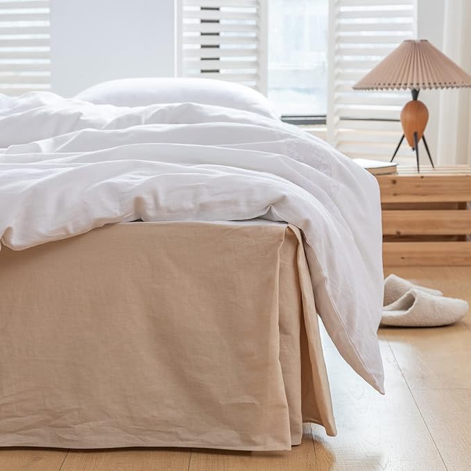 BISELINA French Linen Bed Skirt with Pleated Corner 14-Inch Tailored Drop Natural Flax Cotton Blend Basic Dust Ruffle Soft Cozy Farmhouse Bedding (14" Full, Basic Linen)