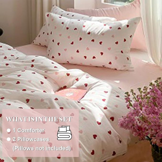 Girls Comforter Set Full Size - 3 Pieces Red Pink Heart Comforter Bedding Sets for Kids,Full Bed in a Bag with Heart Comforter and 2 Pillowcases
