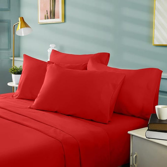 BYSURE 6 Pieces Bed Sheets Set(King, Cherry Red) - Hotel Luxury Super Soft 1800 Thread Count 100% Microfiber Sheets with Deep Pockets, Wrinkle & Fade Resistant