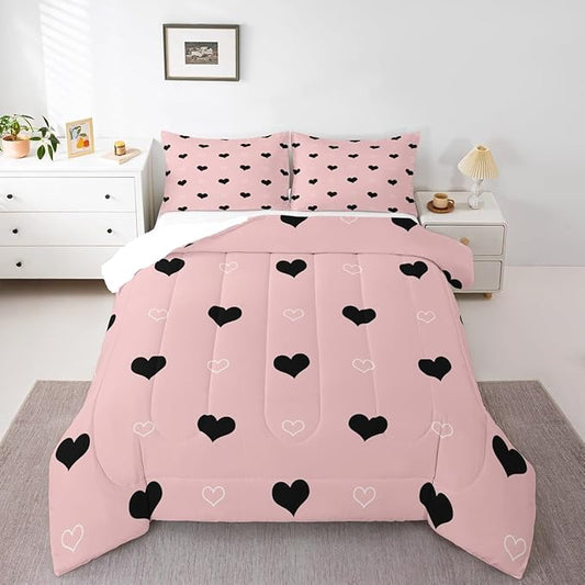 Girls Comforter Set Full Size Cute Heart Pattern Bedding Set Lovely Pink Black Down Comforter Cartoon Geometric Soft Quilt Set Girly Kawaii Bedroom Decor Gift Modern Duvet Set with 2 Pillowcases