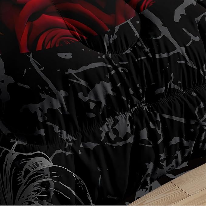Gothic Black Rose Bedding Set Full Size, Red Sexy Lip Comforter Set for Girls Women, 3 Pieces Soft Fluffy Microfiber with 2 Pillowcases, 79"x90"