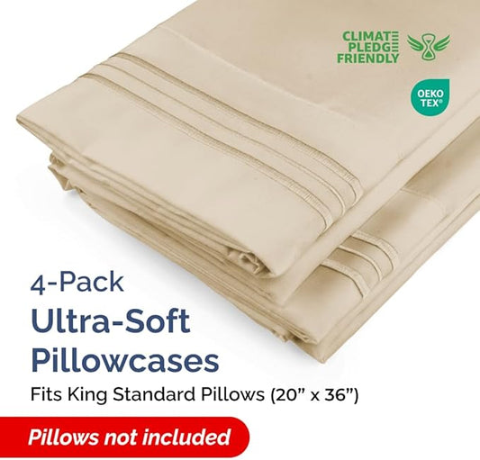King Standard Pillow Cases Set of 4 - Soft Hotel Quality Pillowcase Covers - Comfy Bedding for Women, Men, Kids & Teens - Machine Washable Pillow Protectors - 4 Piece Set - King Standard Size Wheat