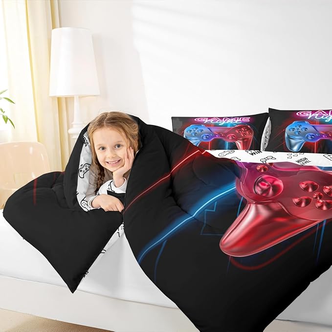Boys Gaming Comforter Set Queen Size Teens Gamer Bedding Set Modern Blue Red Video Game Controller Comforter For Kids Children Youth Bedroom Decor Multi-Color Gamer Console Action Buttons Duvet Set