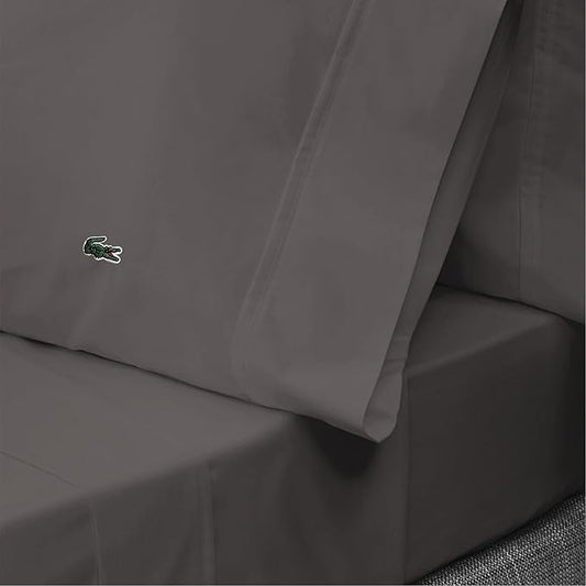 Lacoste 100% Cotton Percale 4-Piece Sheet Set – Cool, Crisp, Matte, and Durable, Oeko-Tex Certified – Solid, Dark Gray, Standard King