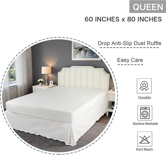 HIG Off-White Chic Queen Bed Skirt - Easy Fit Scallop Edge Pleated Bedskirts, 14 Inch Drop Anti-Slip Dust Ruffle, Thick Fabric for Enhanced Privacy, Pre-Washed for Long-Lasting Use(N60022)