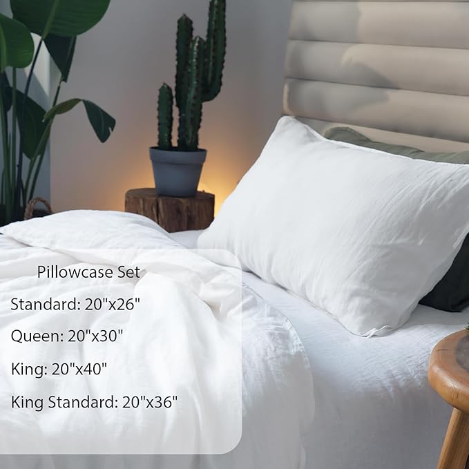 XZ XIFA Linen Pillowcases King - Pack of 2-100% Natural Washed French Flax, Breathable, Durable, Textured Envelope Pillowcases - White, 20'' x 40''