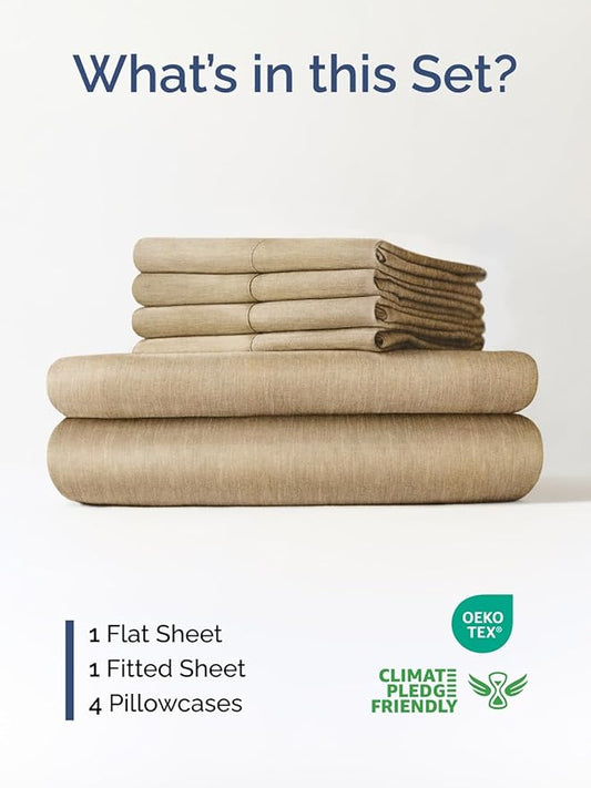 Extra Deep Queen Sheet Set - 6 Piece Breathable and Cooling Sheets - Hotel Luxury Bedding for Women, Men, Kids & Teens - Easy & Secure Fit - Soft and Wrinkle Free - Extra Deep Pockets - Heathered Tan