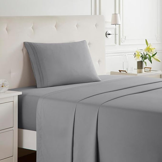 Clara Clark Bed Sheets, Premier 1800 Series Bed Sheet Set, Deep Pocket, Wrinkle, Fade, Stain Resistant, Luxury Soft Bedding Sheets & Pillowcases, Twin, Frost Grey