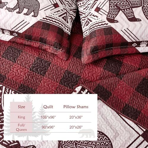 3 Piece Cabin Full/Queen Quilt Sets Christmas Rustic Reversible Microfiber Soft Lightweight Farmhouse Bedspread Comforter with 2 Shams Patchwork Country Lodge Bedding for All Season, 90''x96'', Red