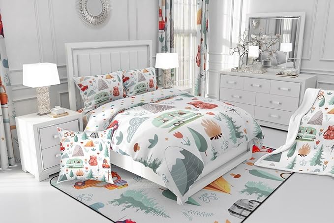 Kids Happy Camping Comforter Set Queen, Camper Bedding for Travel Trailers, Travel Car Rv Down Comforter, Botanical Floral Mountain Adventure Quilt, Cartoon Camper Car Duvet Insert Bedroom Decor 3Pcs
