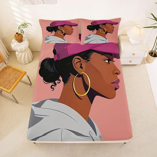 Erosebridal Black Girls Girls Bed Sheets Full Size Fashion Black Woman Fitted Sheet Vogue Fashionable Gorgeous Bedding Set for Kids Children Women Bedroom Decor African Princess Magical Sheets