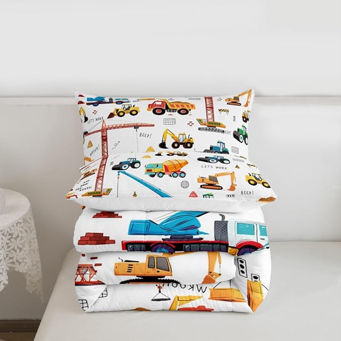 Tractor Comforter, Excavator Machinery Trucks Bedding Set Full Size, Construction Vehicle Down Comforter, Bulldozer Crane Equipment Truck Quilt Set For Child Teens 3Pcs Bedroom Decor, Yellow Green