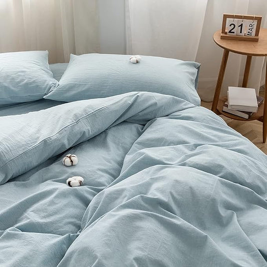 FACE TWO FACE Bedding Duvet Cover Set100% Washed Cotton Duvet Cover Linen Like Textured Breathable Durable Soft Comfy(Full, Light Blue)