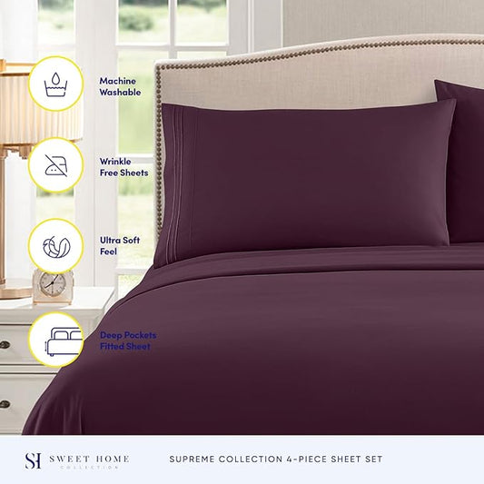 RV Queen Bed Sheets - Breathable Luxury Sheets with Full Elastic & Secure Corner Straps Built In - 1800 Supreme Collection Extra Soft Deep Pocket Bedding Set, Sheet Set, RV Short Queen, Purple