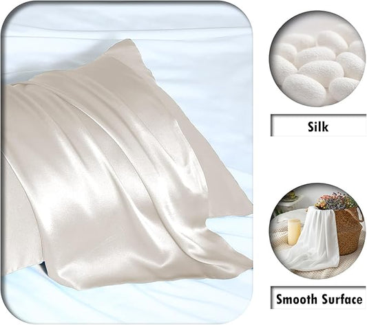 Natural Mulberry Silk Pillowcase for Hair and Skin Queen Size 20"X30" Pillow Case with Hidden Zipper Soft Breathable Smooth Cooling Silk Pillow Covers for Sleeping (Beige,Queen,1Pcs)