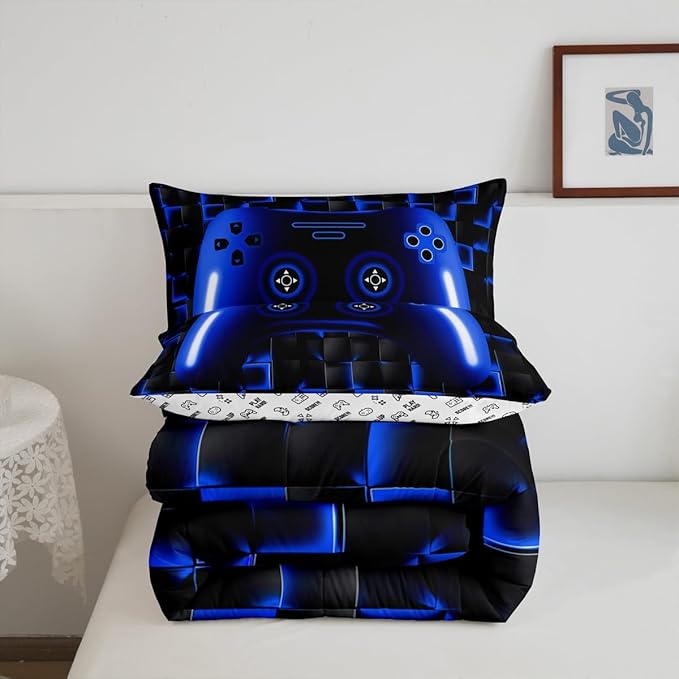 Gaming King Size Comforter Sets For Kids Boys Teen Girls Game Controller Bedding Set 3Pcs Gamer Comforter For All Season,Blue And Black Geometric Checkered Quilt Set For Young Men,Soft Lightweight
