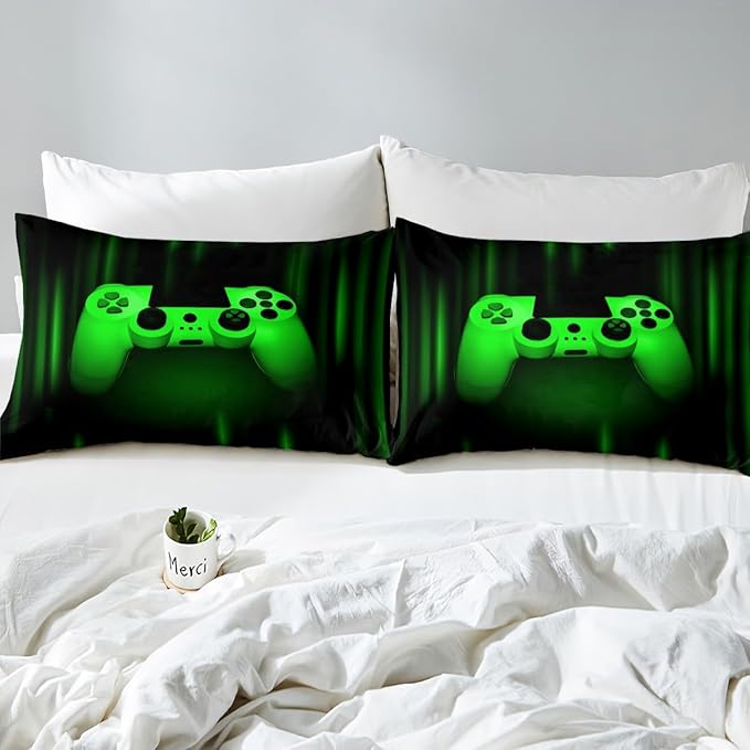 Feelyou Boys Gamer Comforter Set Toddler Size Bedding Set for Kids Gaming Comforter Green Black Video Games Gamepad Room Decor for Teens Child Super Soft Geometric Duvet Quilted Son Grandson Gift