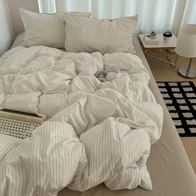 Nayoroom Brown Striped Duvet Cover Queen Size 100% Washed Cotton Duvet Cover Linen Like Textured, Reversible 3 Pieces Soft Breathable Yarn-Dyed Stripe Girls Dorm Bedding Set for All Seasons