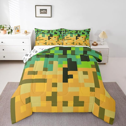 Pixelated Miners Game Kids Bedding Set King Size,Geometric Check Video Games Comforter Set,Gamepad Grid Gaming Quilt Comforter,Green Yellow Bedroom Duvet Insert,2 Pillowcases