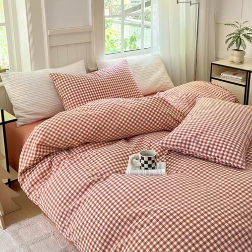 LifeTB Twin XL Comforter Set Red Orange Gingham Comforter with 2 Pillowcases Modern Style Grid Plaid Comforter Set Fluffy Soft Lightweight Gingham Bedding Set Fluffy Checkered Comforter Twin XL