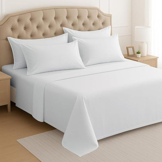 Mattress-Homes Ultra-Soft Breathable, Hotel Luxury Collection, Split King Size 7 Piece Crisp Sheet Set, 100% Egyptian Cotton, Extra Deep Pocket Upto 21", Machine Washable Sheets in White Solid