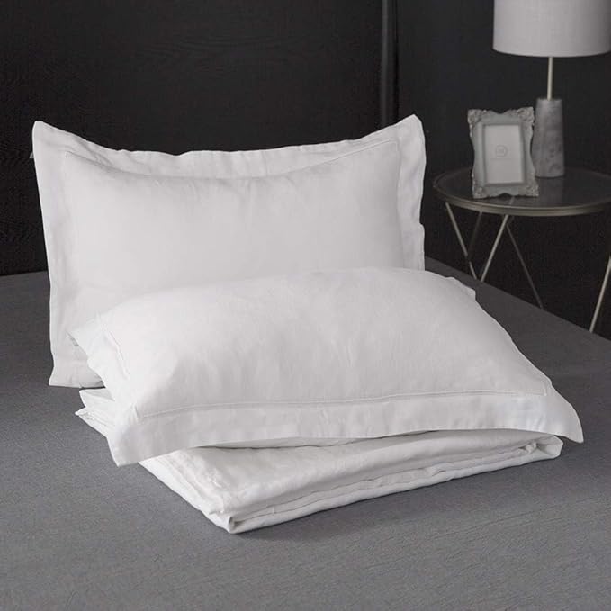 Simple&Opulence 100% French Flax Linen Duvet Cover Set with Embroidery Washed - 3 Pieces (1 Duvet Cover with 2 Pillow Shams) with Button Closure Soft Breathable Farmhouse - White, King Size