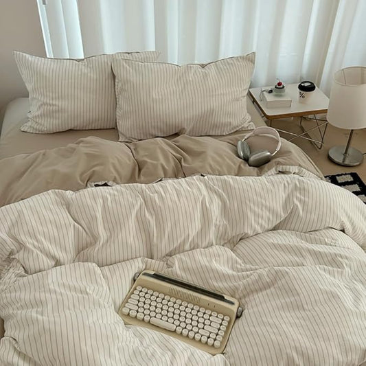 Nayoroom Brown Striped Duvet Cover Queen Size 100% Washed Cotton Duvet Cover Linen Like Textured, Reversible 3 Pieces Soft Breathable Yarn-Dyed Stripe Girls Dorm Bedding Set for All Seasons