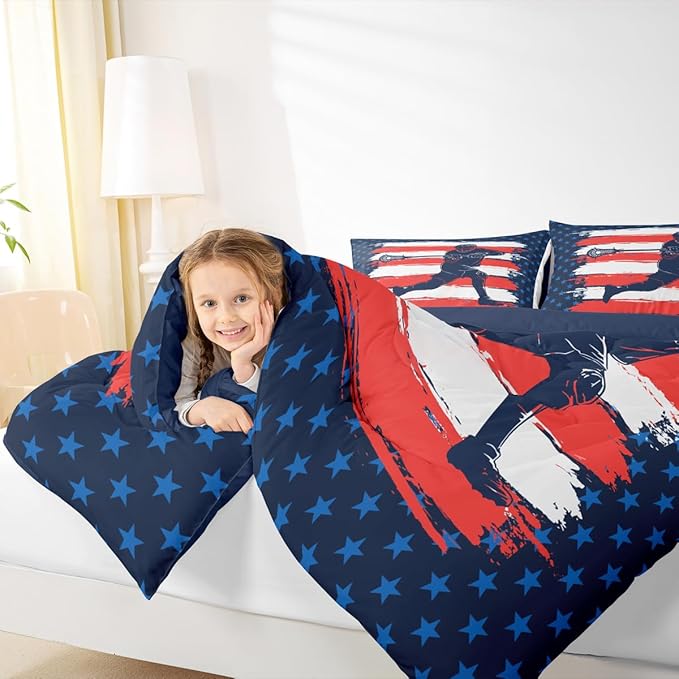 Feelyou Lacrosse Comforter Set Toddler Size Boys Gilrs American Flag Sports Theme Bedding Set for Kids Adults Ultra Soft Lacrosse Player Games Comforter Navy Blue Duvet Set Room Decor Quilt Set