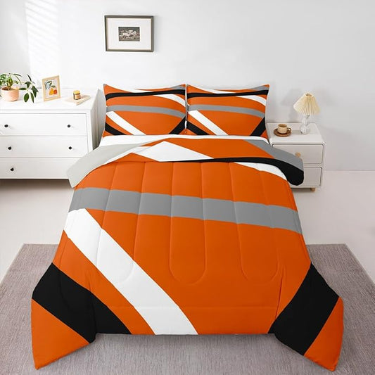 Erosebridal Orange Gray Black Striped Twin Bedding Sets for Adult Women Men Modern Abstract Comforter Set Geometric Lines Quilt Duvet Set Aesthetic Boho Bedding Collections