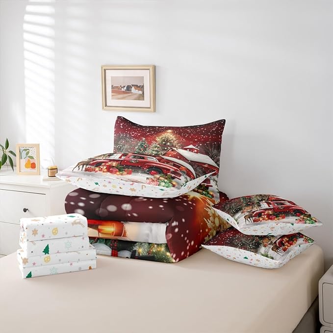 Merry Christmas Comforter Set 7 PCS,Luxury Christmas Trees and Gifts Bed Set for Girls Kids,Red Barn Truck Bed in a Bag Bedding Set with Comforter,Sheet Set,Pillowcases,Pillow Covers,Twin