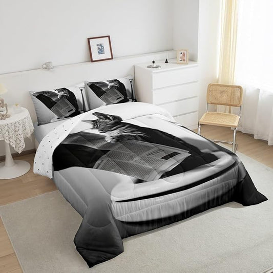 Erosebridal Cat Quilt Insert Toddler Size Kawaii Kitten Bedding Set for Kids Boys Girls Newspaper Reading Cute 3D Black Grey White Comforter Warm Soft Comforter Set