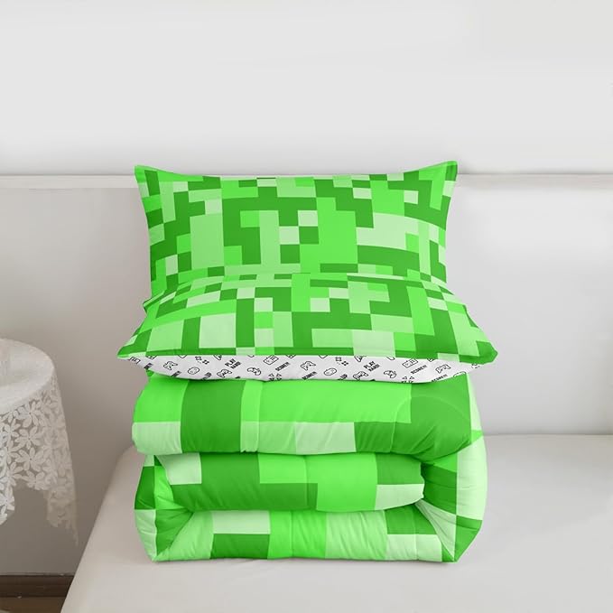 Pixelated Miners Game Kids Bedding Set King Size,Video Games Gamepad Gaming Comforter Set,Geometric Square Quilt Comforter,Light Green Bedroom Duvet Insert,2 Pillowcases