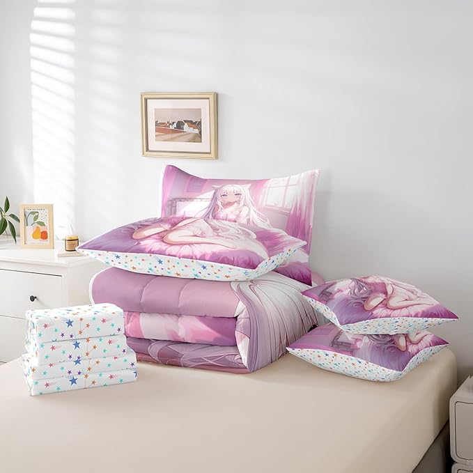 Erosebridal Full Size Japanese Anime 7 Piece Comforter Set, Anime Girl Bedding Set Kawaii Japanese Style Bed in A Bag Cartoon Japan Animation Sheet Set for Boys Teen Adult Women Bedroom,Pink