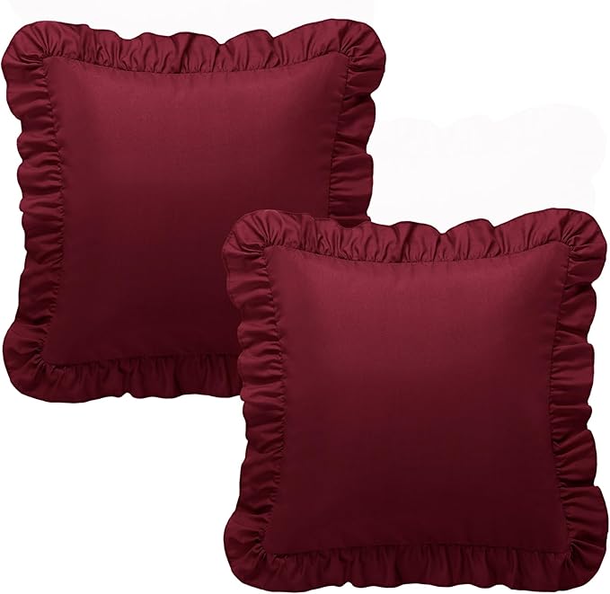 KKJIAF Ruffle Pillow Cases 26x26 Inches, Burgundy Square Ruffled Pillow Covers Set of 2, Microfiber Wrinkle Resistant Pillow Shams with Envelope Closure for Sofa Bed Living Room