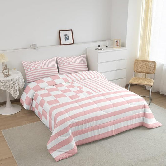 Pink Check Comforter Set Fashion Buffalo Plaid Bedding Set Modern Simple Style Bedding Home Decor Pink Stripes Geometric Comforter King Size Quilted Duvet Set 1 Comforter with 2 Pillowcase