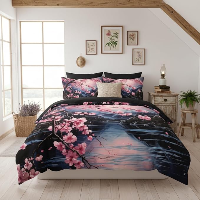 Cherry Blossoms Bedding Set Queen Size, Black Pink Japanese Comforter Set for Girls, 3Pcs Soft Microfiber Quilted Set with 2 Pillowcases, 90"x90"