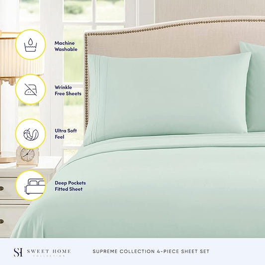 RV Queen Bed Sheets - Breathable Luxury Sheets with Full Elastic & Secure Corner Straps Built In - 1800 Supreme Collection Extra Soft Deep Pocket Bedding Set, Sheet Set, RV Short Queen, Mint