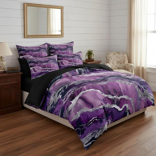 Purple Marble Comforter Set Queen Size, Abstract Black Purple Bedding Set with Silver Lines - 3Pcs Soft Lightweight Quilted Comforter for All Seasons,90"x90" | Aesthetic Pattern, Abstract Design, Soft Lightweight, All Seasons, Girls Women Adult