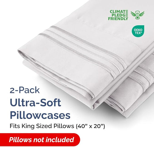 King Pillow Cases Set of 2 - Ultra Soft Hotel Quality Pillowcase Covers - Comfy, Cozy & Wrinkle Free - Shrink, Stain & Fade Resistant - Machine Washable Pillow Protectors - 2 Piece Set - French Grey