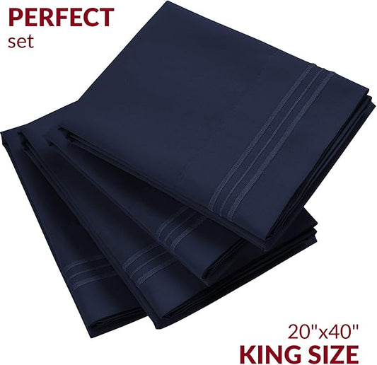 Mellanni Pillow Cases Set - 4 PC Iconic Collection Pillowcases - Hotel Luxury, Extra Soft, Cooling Pillow Covers - Wrinkle, Fade, Stain Resistant (King Size 20" x 40", Navy Blue)