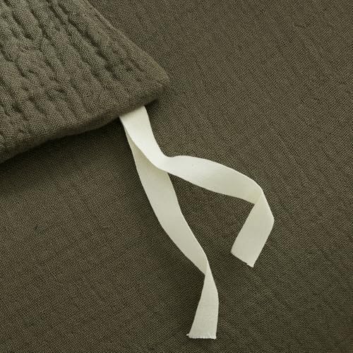mixinni Olive Green Waffle Weave Duvet Cover Set King, 3-Piece 100% Natural Washed Cotton Triple-Layer Gauze Solid Bedding Set, Soft Breathable Minimalist Comforter Cover with Zipper & Ties-King