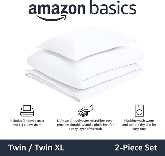 Amazon Basics Lightweight 2-Piece Microfiber Duvet Cover Set with Zipper Closure, Twin/Twin XL, Bright White